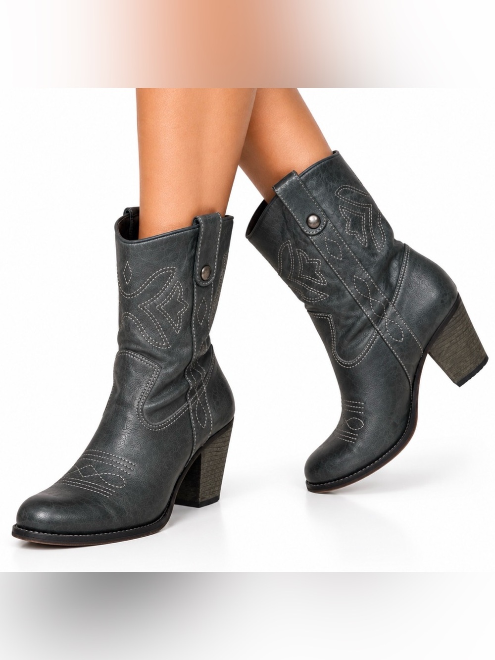 Gianni Bini Grey Black Leather Mid-Calf Western Cowboy Boots Fall Bohemian 9